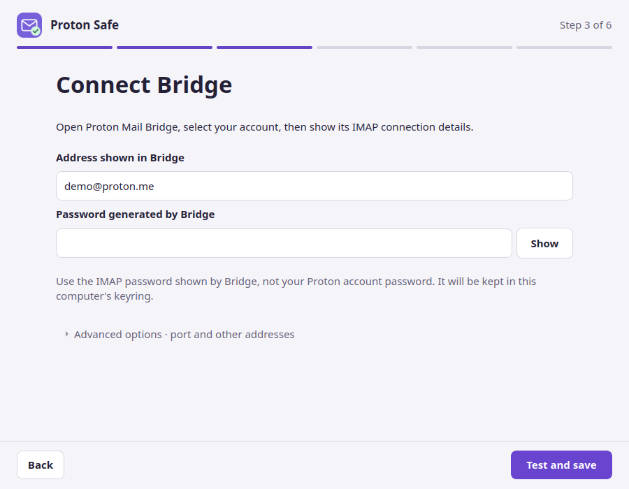 Proton Safe Bridge form with address and password fields and advanced options collapsed