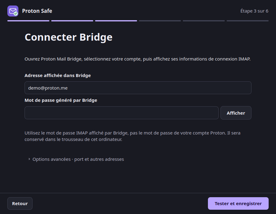 Bridge form with address, masked password and collapsed advanced options