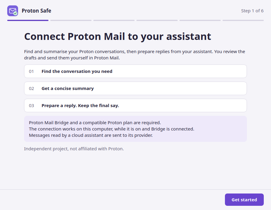 Proton Safe setup app: welcome screen, six installation steps and a Get started button.